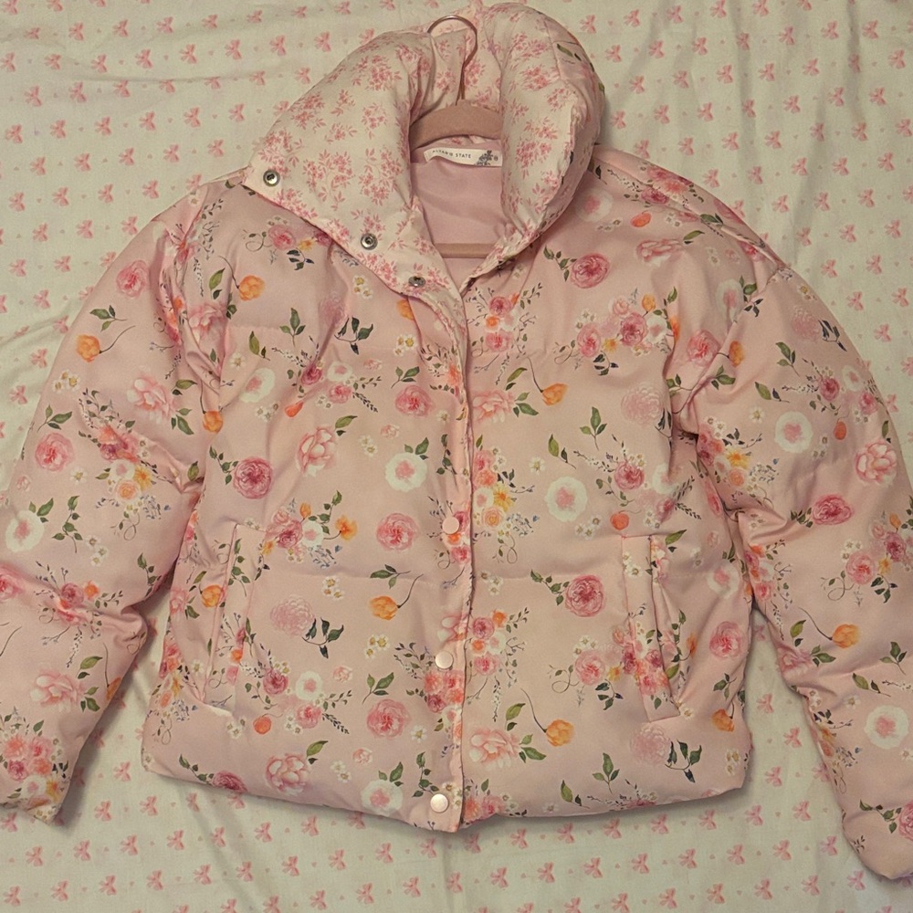 Altar'd State Pink Floral Puffer Jacket